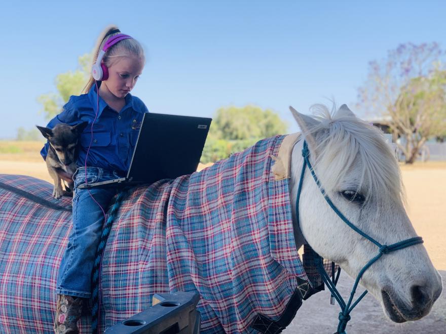 girl on horse with laptop and dog