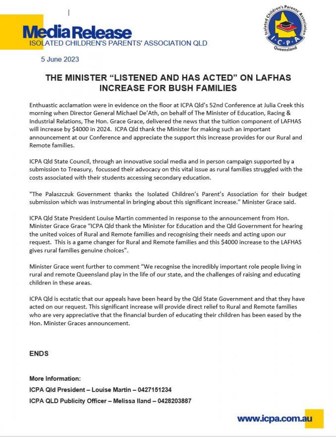 media release LAFHAS increase