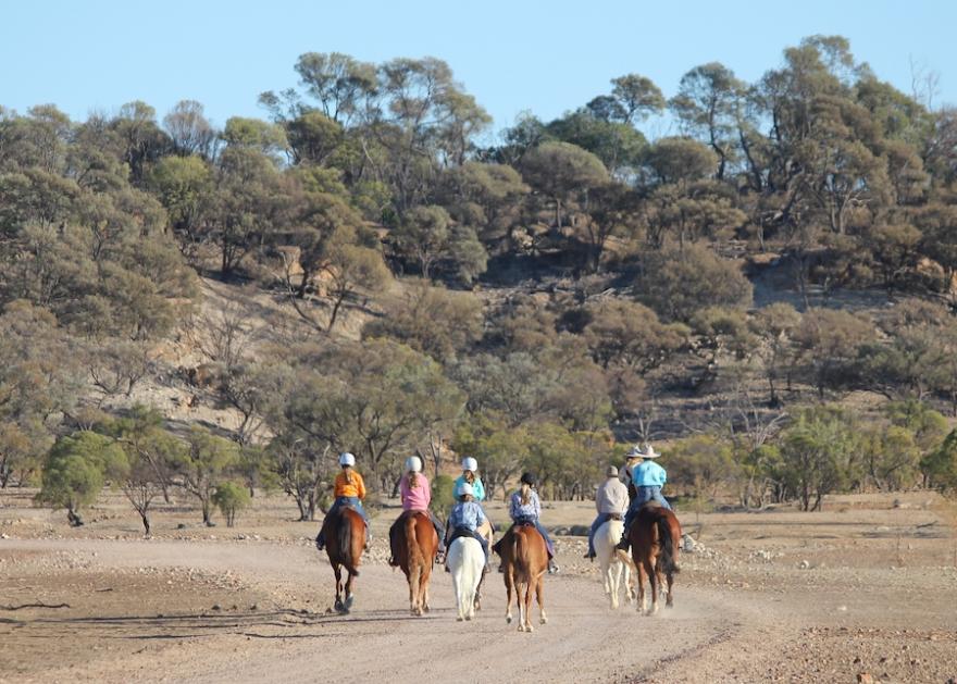 A picture of a group of people riding horses towards a mountain