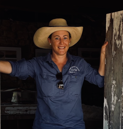 Fiona wearing blue work shirt