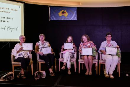 Award of Merit Recipients (from left): Martha Van Der Veen, Pauline Rayner, Helen Harding, Ruth Woerle and Sally Sullivan