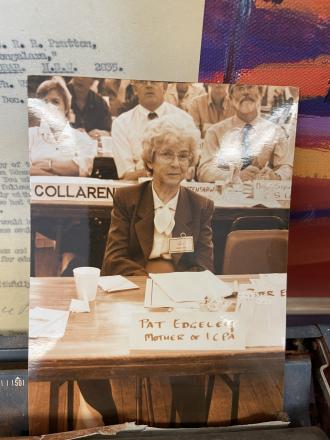 Bourke memorabilia table showing Mrs Pat Edgely and her name tag ‘Mother of ICPA’.
